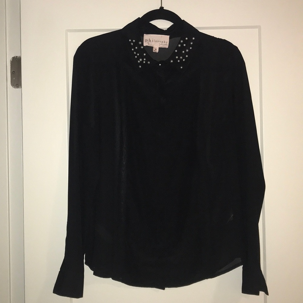 Sheer dress shirt with pearl collar accents